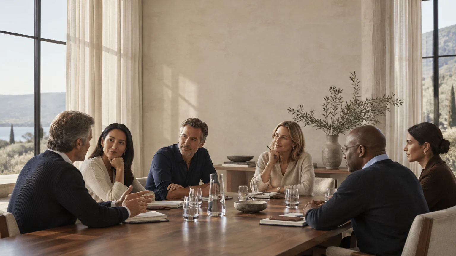 Leaders in conversation around a walnut table